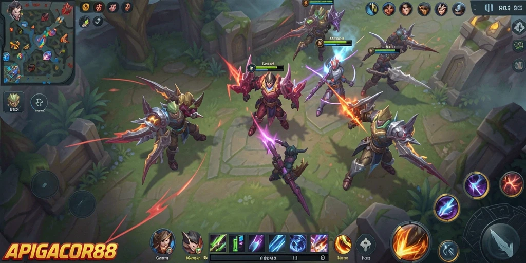 Tangkapan layar menampilkan aksi intens dalam gameplay MOBA APIGACOR88.