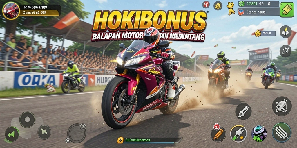 Screenshot gameplay HOKIBONUS menampilkan balapan motor yang mendebarkan.