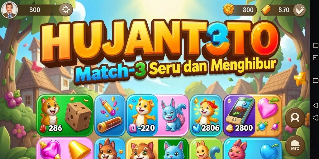 Gameplay seru HUJANTOTO dengan kombinasi warna-warni puzzle Match-3.